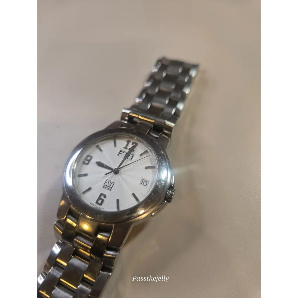 ESQ Swiss Watch Mens White Sunburst Dial Date Stainless Steel Quartz Dress Wrist